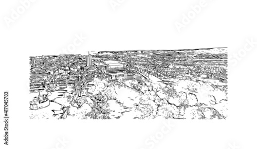 Building view with landmark of Cardiff is the capital city of Wales and a county. Hand drawn sketch illustration in vector.