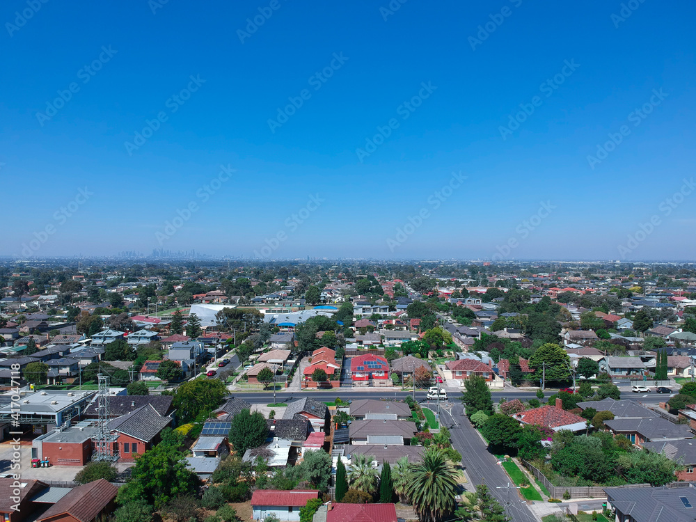 Panoramic aerial view of Broadmeadows Houses roads and parks in Melbourne Victoria Australia
