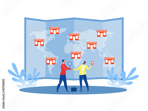 businessman offering Franchise, trading network shop to the world map business concept Vector flat illustration