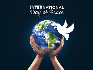 Male hands with model of Earth and dove on dark background with text INTERNATIONAL DAY OF PEACE