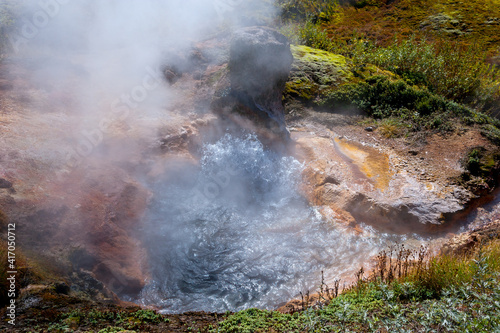 Water boils in the geyser crater. Valley of Geysers, Kamchatka. 