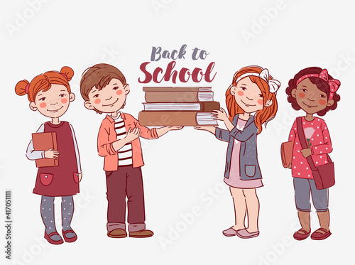 Cute kids with books. Back to school vector concept. Happy boys and girls
