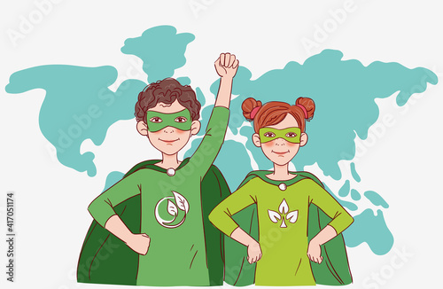 Two cute children super heroes. Protect and save Earth Planet vector concept
