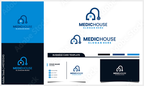 medical home logo with stethoscope and house icon concept and business card template