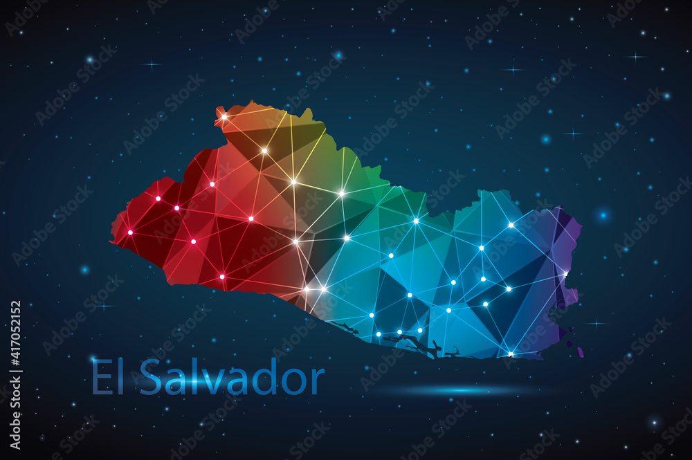 Abstract Polygon Map of El Salvador. Vector Illustration Low Poly Color Rainbow on Dark Background Abstract Polygon Map of El Salvador. Vector Illustration Low Poly Color Rainbow on Dark Background