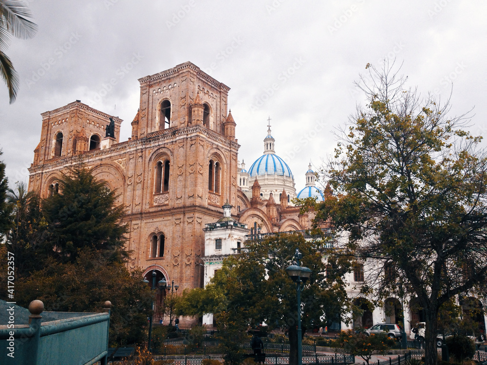 Iconic and beautiful church San Sebastián in the old town of Cuenca, Ecuador.