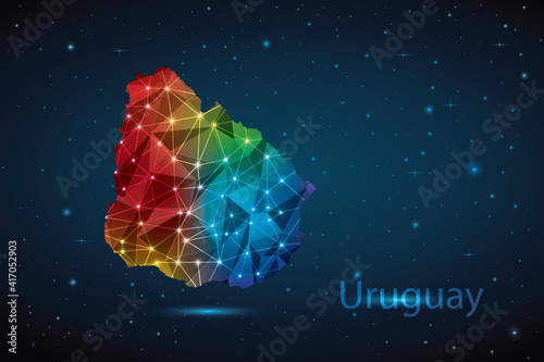 Abstract Polygon Map of Uruguay. Vector Illustration Low Poly Color Rainbow on Dark Background