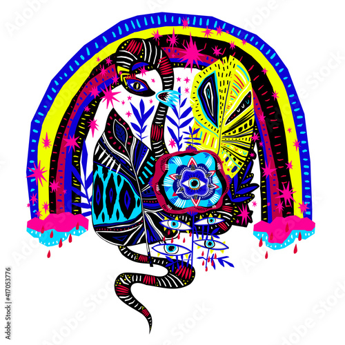 Фотография Quirky psychedelic plant flower with many eyes, magic snake under the mellow rainbow in fantasy jungle