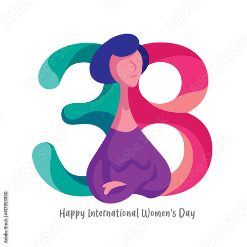 Celebrating Happy International Women's Day. Stronger woman smile with confident and happy on 38 big letter sign background. - vector