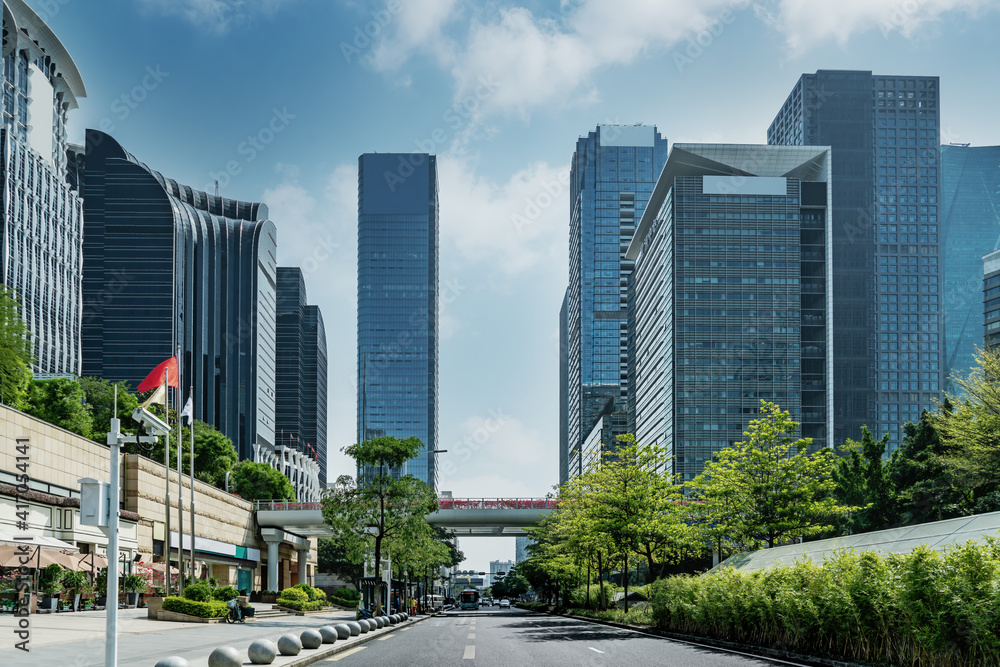 Street view of urban modern office buildings