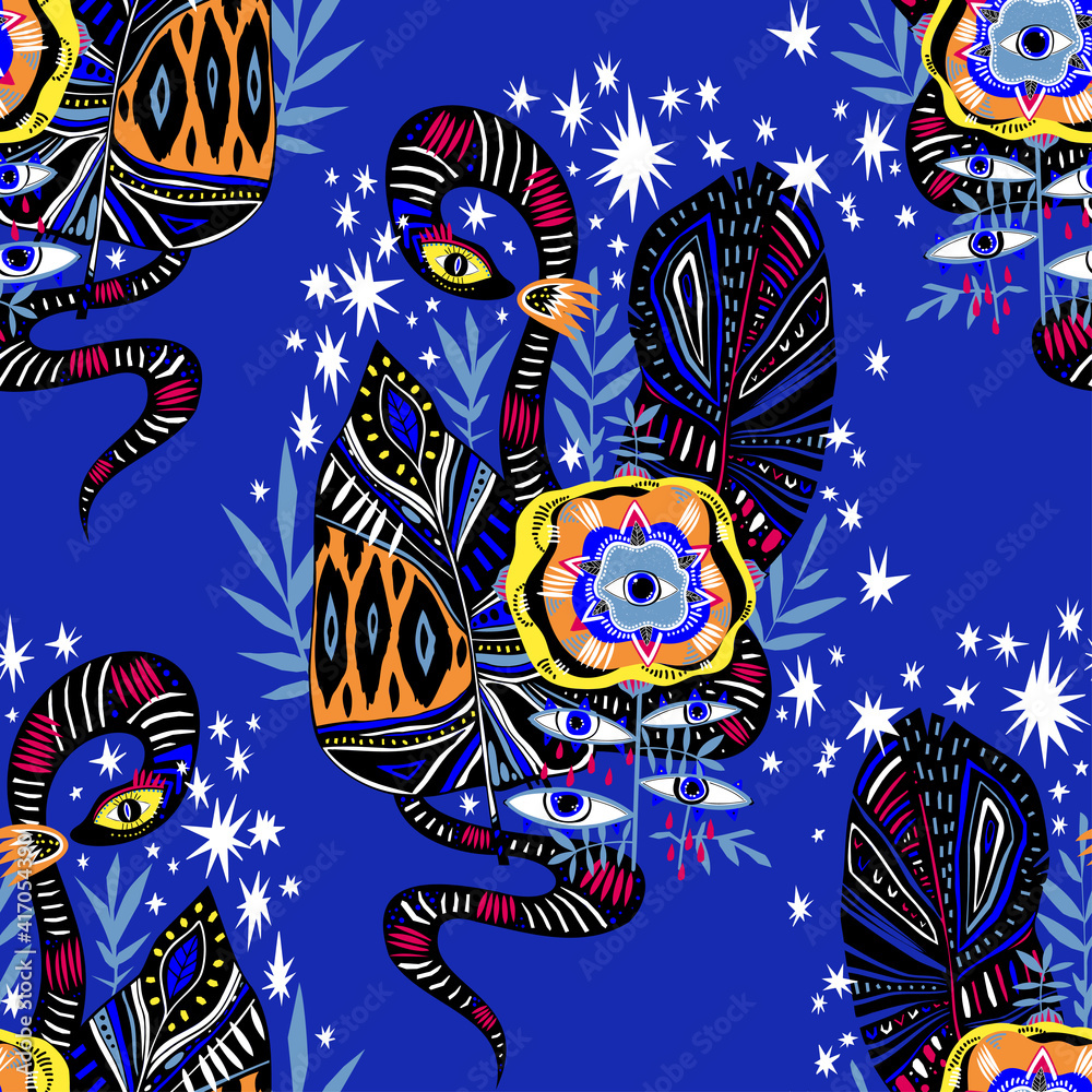 Obraz premium Seamless pattern of magic jungle plant flower with many eyes and snake in vivid multicolor jungle leaves.