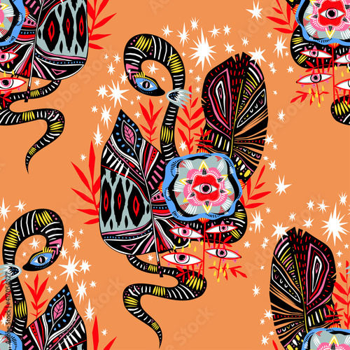 Seamless pattern of magic jungle plant flower with many eyes and snake in vivid multicolor jungle leaves.