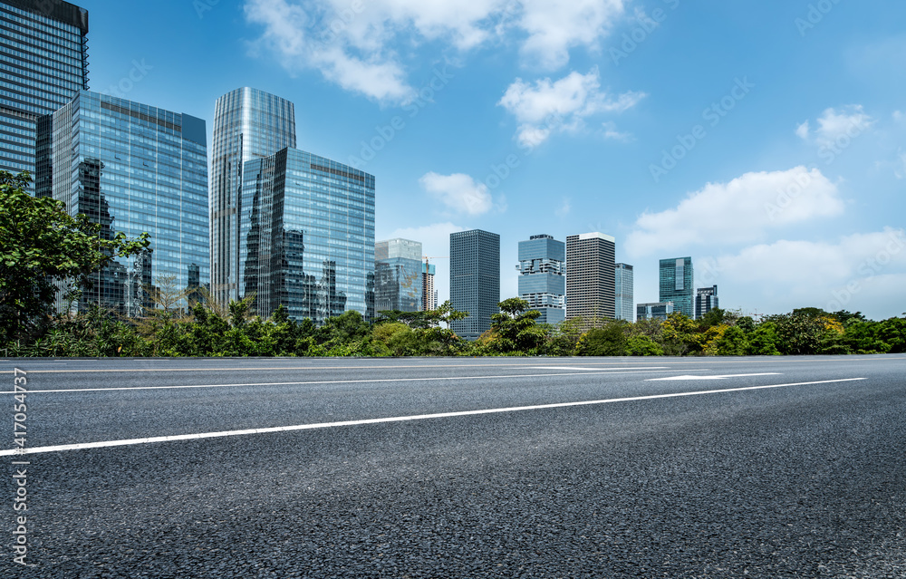 Highway skyline and city buildings