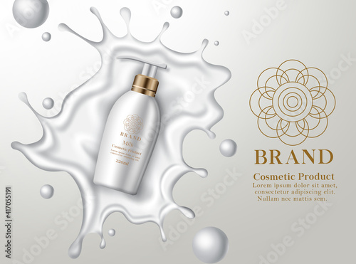 Cosmetic milk lotion product vector banner template. Cosmetic body lotion product with liquid splash for smooth skin care mockup promotion advertisement design. Vector illusration
