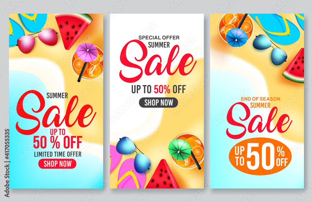 Summer sale vector poster set. Summer sale 50% off shop now text in beach seashore background with elements of tropical season for holiday shopping discount promotion. Vector illustration
