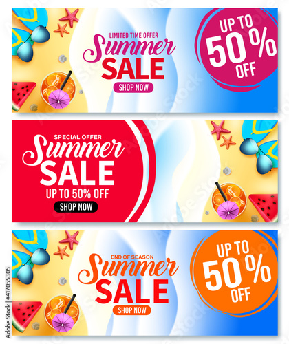 Summer sale vector banner set. Summer sale up to 50  off text in beach background with colorful tropical elements for holiday season discount promo advertisement. Vector illustration 