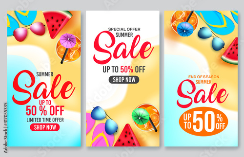 Summer sale vector poster set. Summer sale 50% off shop now text in beach seashore background with elements of tropical season for holiday shopping discount promotion. Vector illustration 