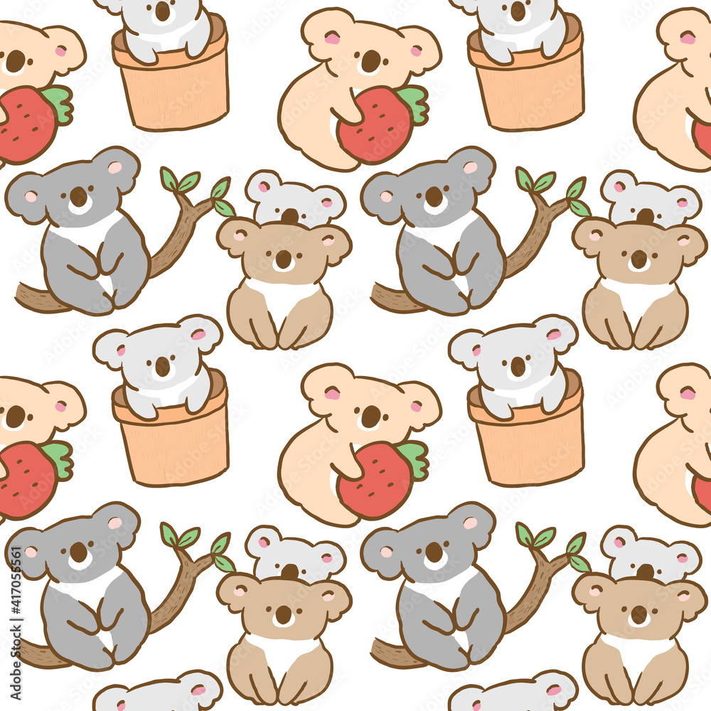 Obraz premium Seamless Pattern with Cartoon Koala Bear Illustration Design on White Background
