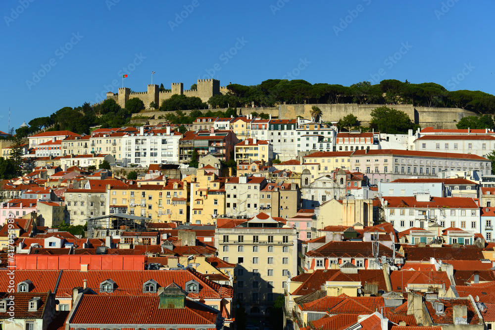 Castle of Sao Jorge (Portuguese: Castelo de Sao Jorge) and Alfama district in city of Lisbon, Portugal.