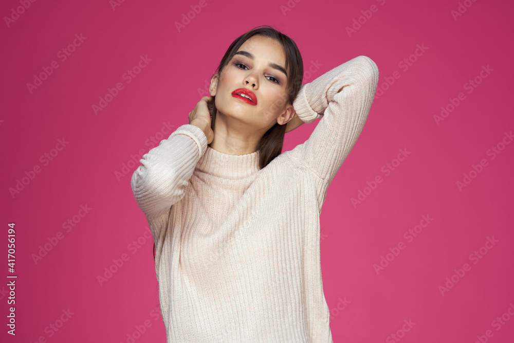 Woman with red lips bright makeup white blouse long hair pink background Woman with red lips bright makeup white blouse long hair pink background
