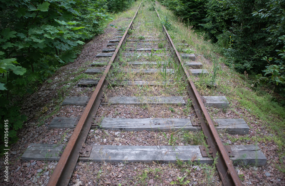 Abandoned railroad with rusty rails and rotten wooden sleepers in the woods. Concept of crisis in transportation