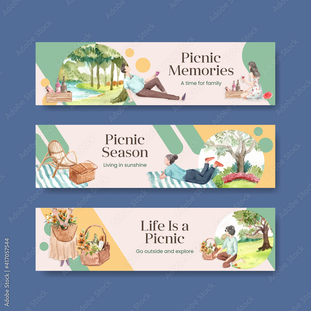 Banner template with picnic travel concept for advertise and marketing watercolor illustration