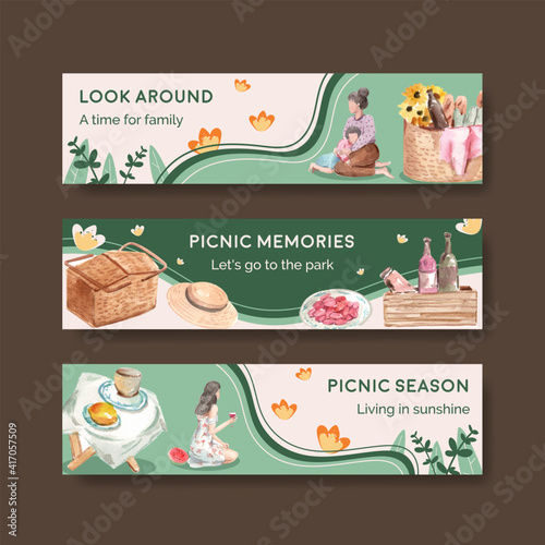 Banner template with picnic travel concept for advertise and marketing watercolor illustration