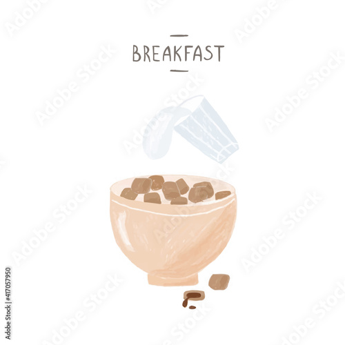 Photography Nice vector hand drawn illustration on the theme of breakfast with a plate of ready-made breakfast cereal and a glass of milk