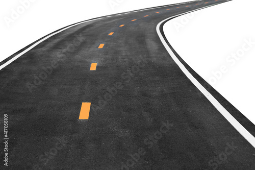 Abstract black asphalt winding Road transport with white and yellow line isolated on white background. This has clipping path.