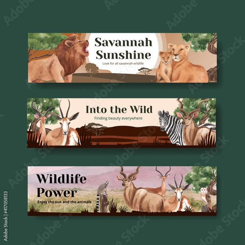 Photography Banner template with savannah wildlife concept design watercolor illustration