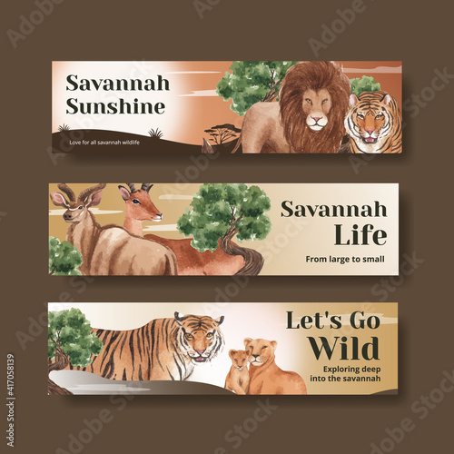 Photography Banner template with savannah wildlife concept design watercolor illustration
