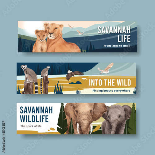 Banner template with savannah wildlife concept design watercolor illustration
