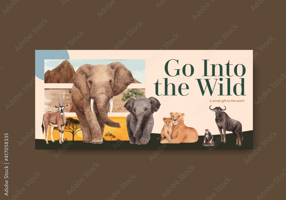 Billboard template with savannah wildlife concept design watercolor illustration - obrazy, fototapety, plakaty 