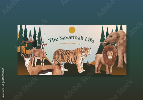 Canvas Print Billboard template with savannah wildlife concept design watercolor illustration
