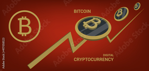 Gold bitcoin on a red background. A modern banner for a website or print. Cryptocurrency concept or electronic payments. Vector technology 3d illustration