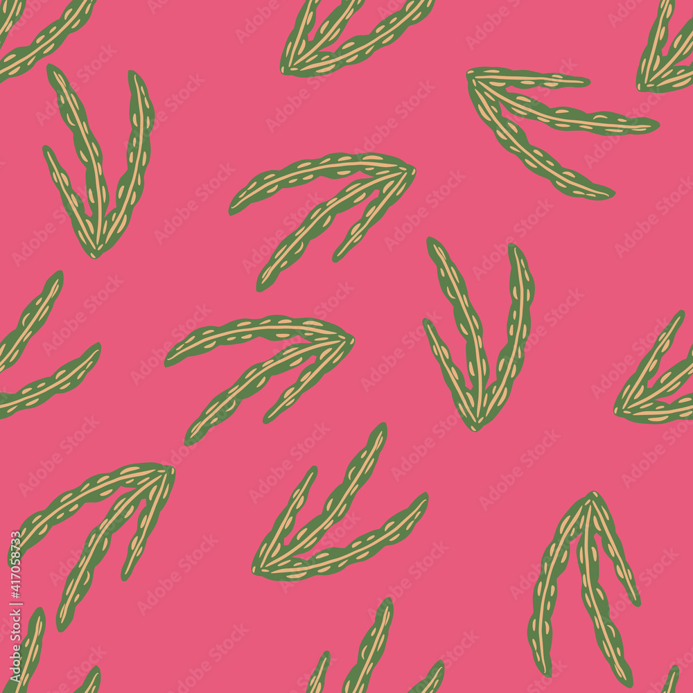 Aquatic marine foliage seamless pattern with green random seaweed ornament. Pink background. Simple design. Aquatic marine foliage seamless pattern with green random seaweed ornament. Pink background. Simple design.