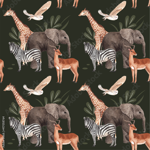 Canvas Print Pattern seamless with savannah wildlife concept design watercolor illustration