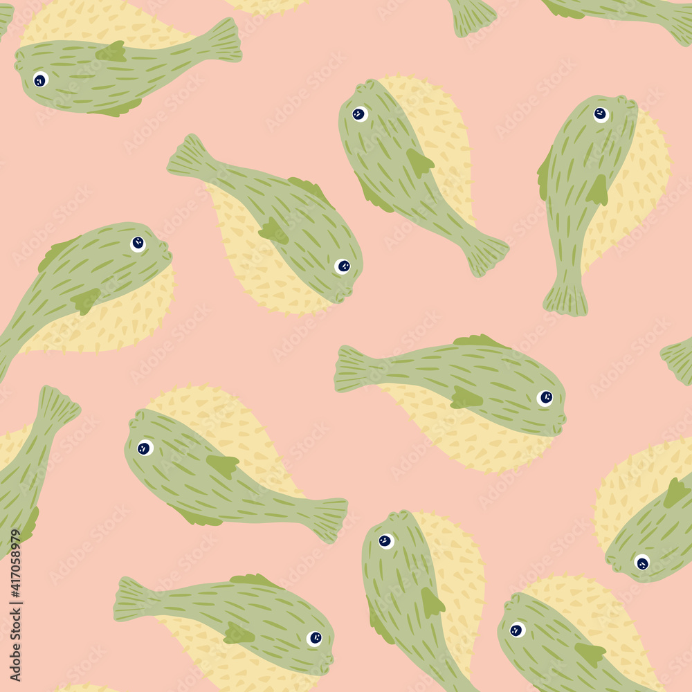 Pastel tones seamless pattern with green random puffer fish ornament. Pastel pink background. Doodle artwork. Pastel tones seamless pattern with green random puffer fish ornament. Pastel pink background. Doodle artwork.