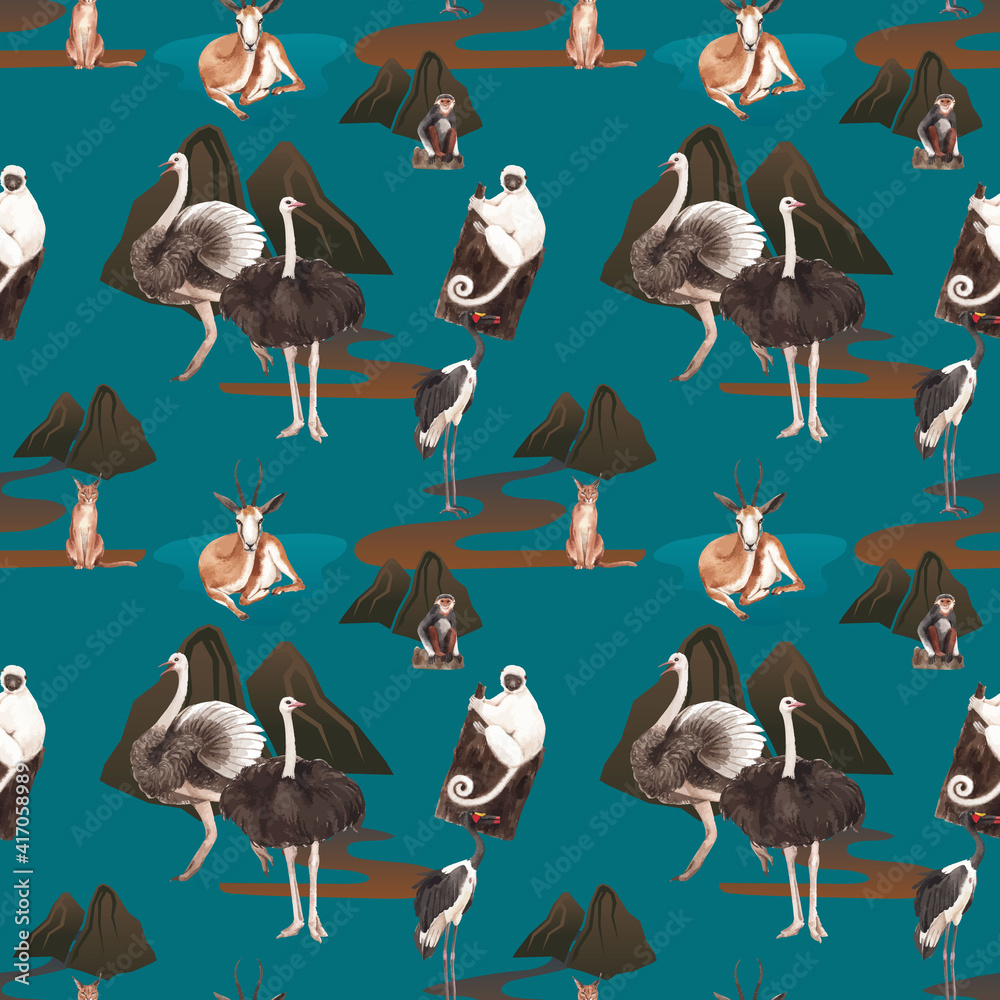 Obraz premium Pattern seamless with savannah wildlife concept design watercolor illustration