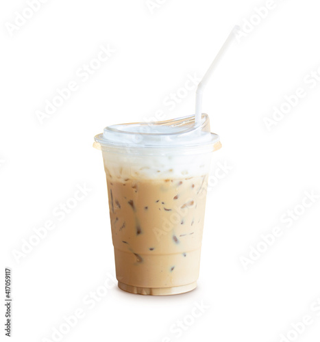 Cappuccino in a bowl of plastic isolated on white background. Clipping path