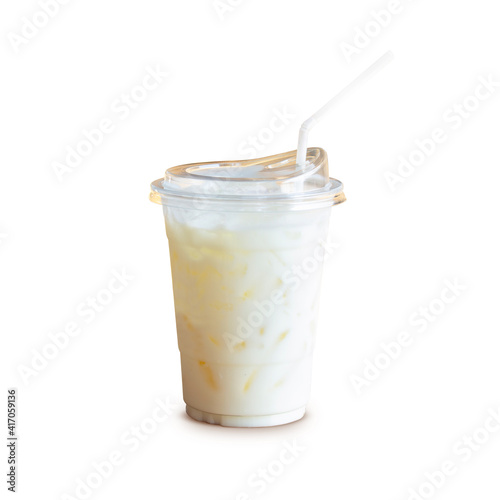 Iced caramel milk in a bowl of plastic isolated on white background. Clipping path
