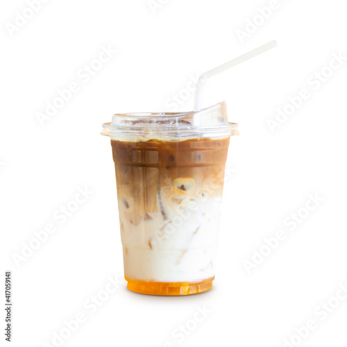 Macchiato Caramel in a bowl of plastic isolated on white background. Clipping path