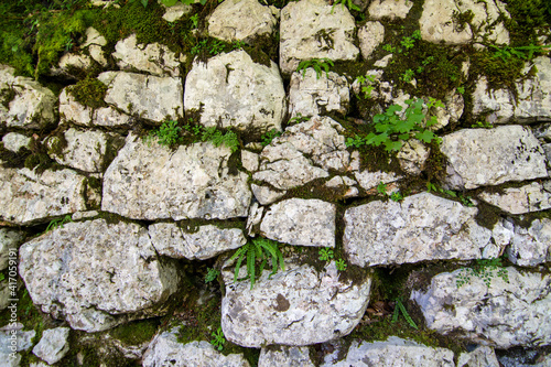 Stone wall with moss on the path to Savica waterfall, Slovenia