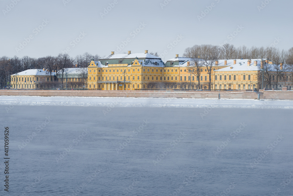 View of the old Menshikov Palace (the palace of the first governor of St. Petersburg) on a cloudy February day. Saint-Petersburg, Russia