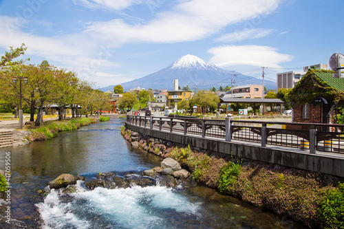 View of mt. Fuji and Kanda River from Fujisan Hongu Sengen Taisha shrine in Fujinomiya town, Shizuoka, Japan. photo