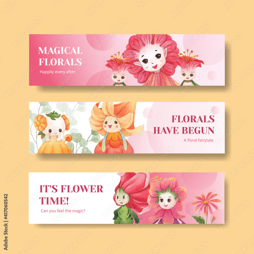 Banner template with floral character concept design watercolor illustration