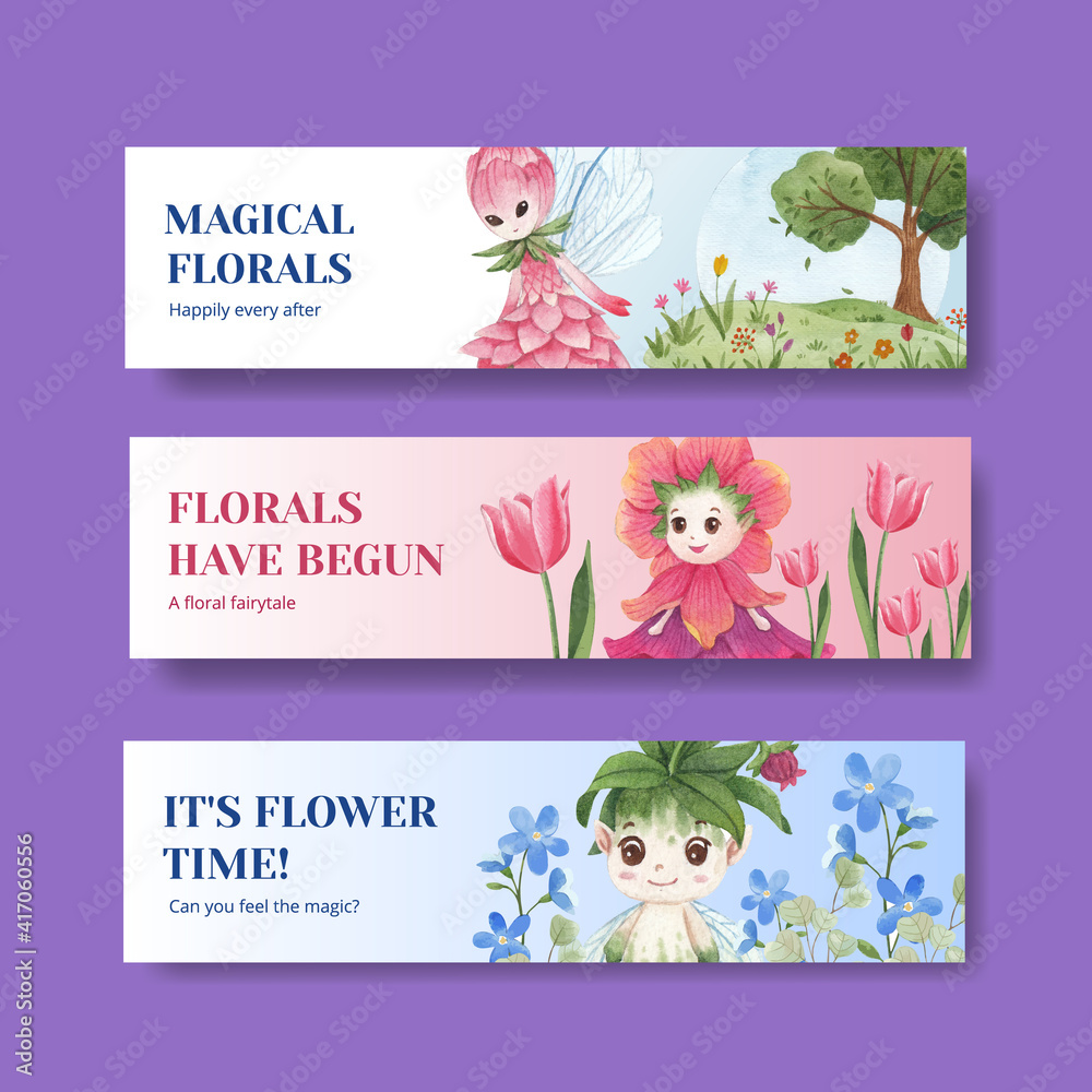 Banner template with floral character concept design watercolor illustration