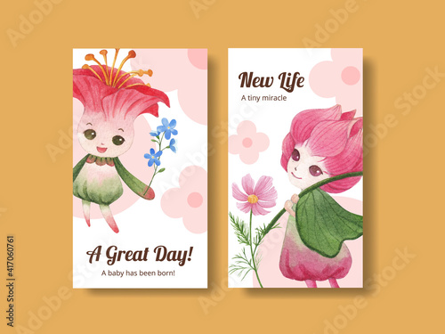 Instagram template with floral character concept design watercolor illustration