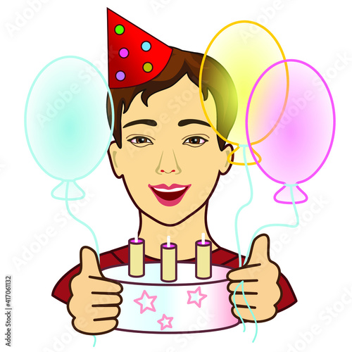 man in a birthday cap sitting at a table on which stands a cake with candles, smiling and holding colorful balloons in his hands, vector emoticon