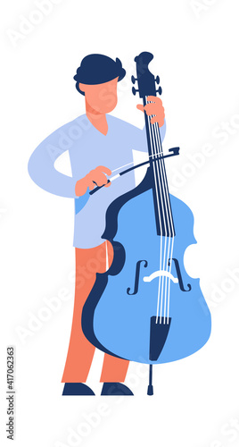 Cartoon cello player. Standing man with string musical instrument. Young musician playing classical music. Isolated member of symphony orchestra or jazz band. Vector cellist performance illustration